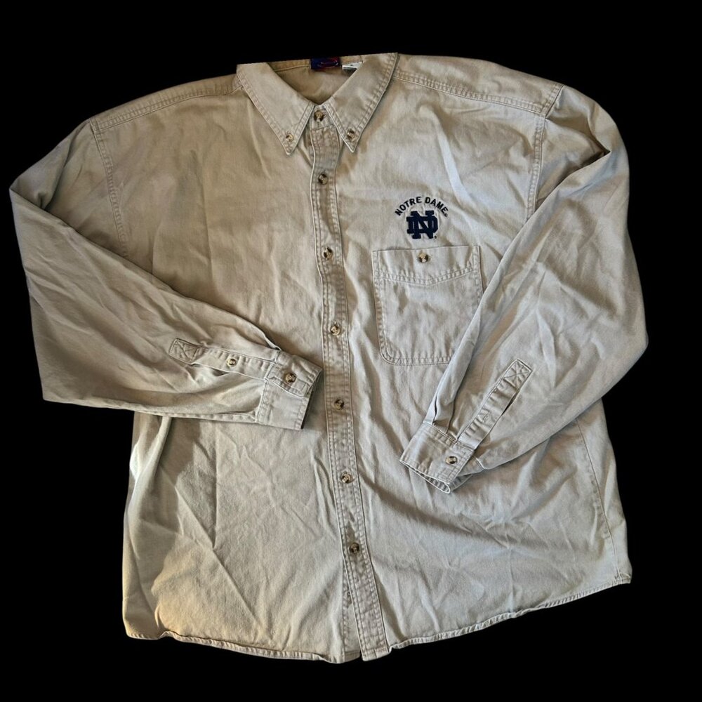 Vintage Khaki Denim Embroidered Notre Dame Button Down Shirt XL